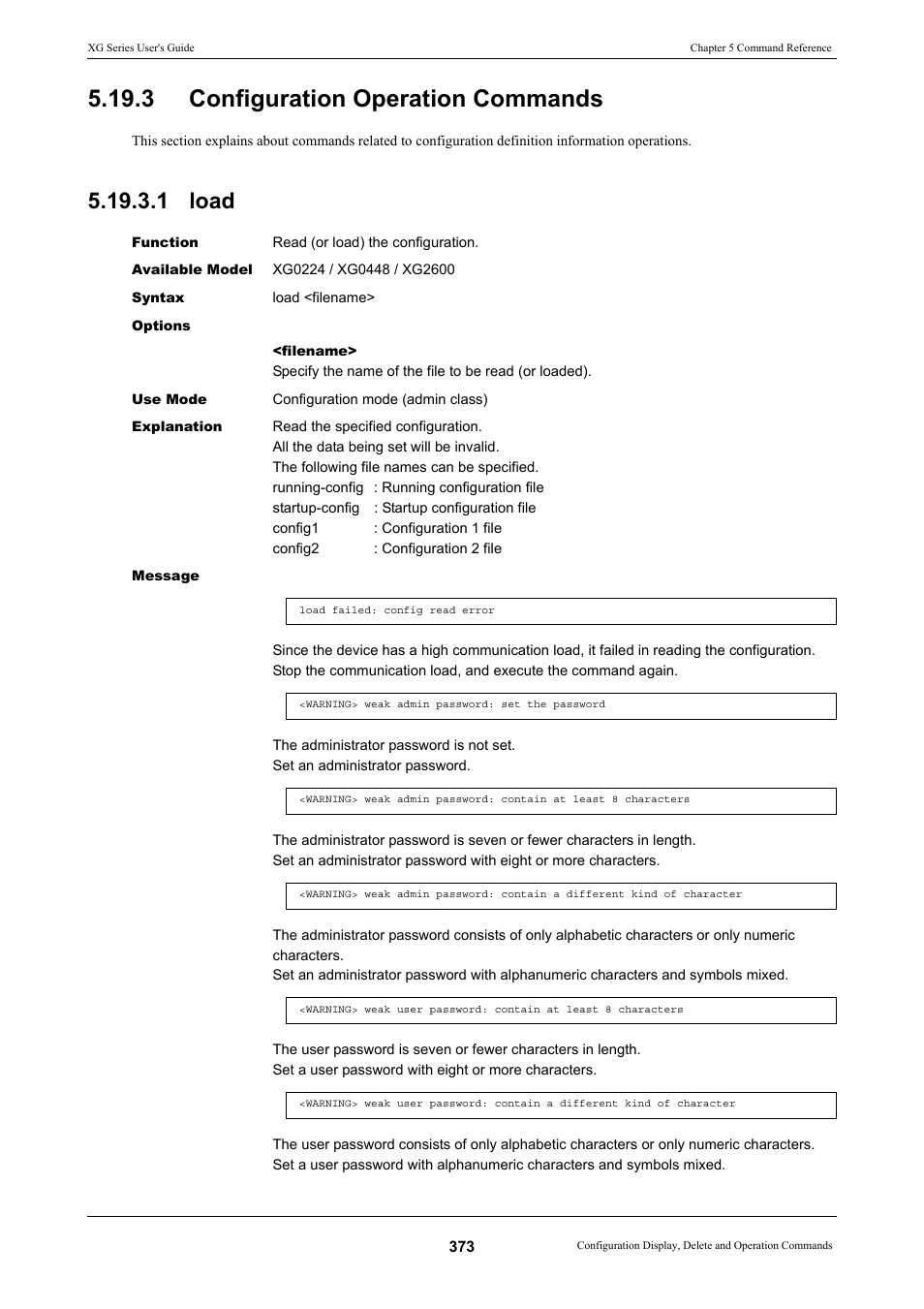 3 configuration operation commands, 1 load, Configuration operation commands 5.19.3.1 load | Load | FUJITSU XG Series P3NK-4452-01ENZD User Manual | Page 373 / 614