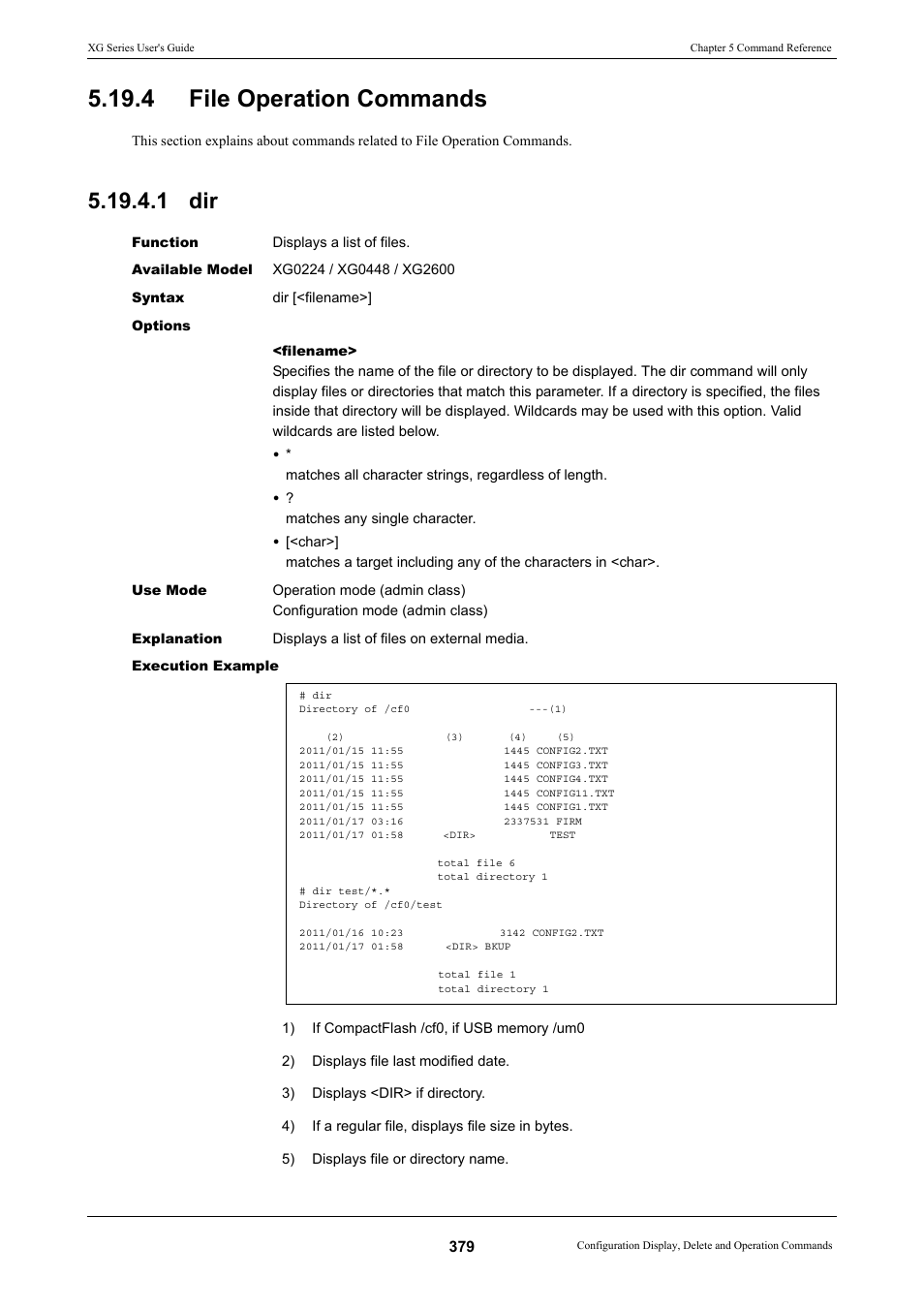 4 file operation commands, 1 dir, File operation commands 5.19.4.1 dir | FUJITSU XG Series P3NK-4452-01ENZD User Manual | Page 379 / 614