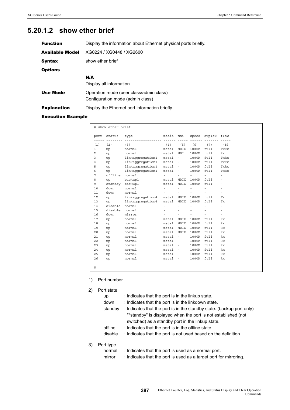 2 show ether brief | FUJITSU XG Series P3NK-4452-01ENZD User Manual | Page 387 / 614