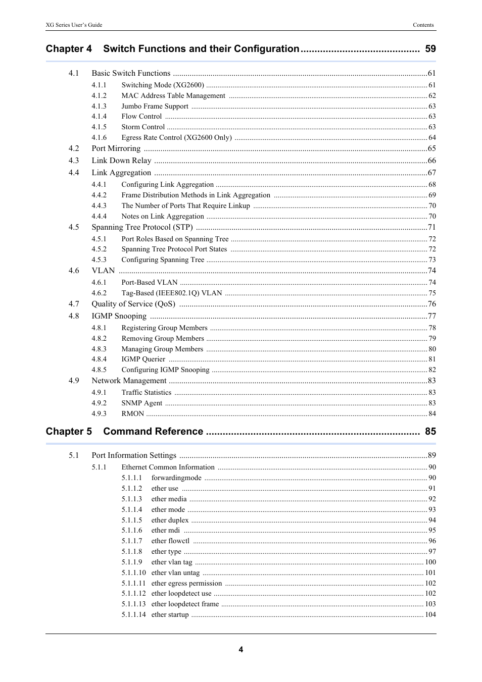 Chapter 4 switch functions and their configuration, Chapter 5 command reference | FUJITSU XG Series P3NK-4452-01ENZD User Manual | Page 4 / 614