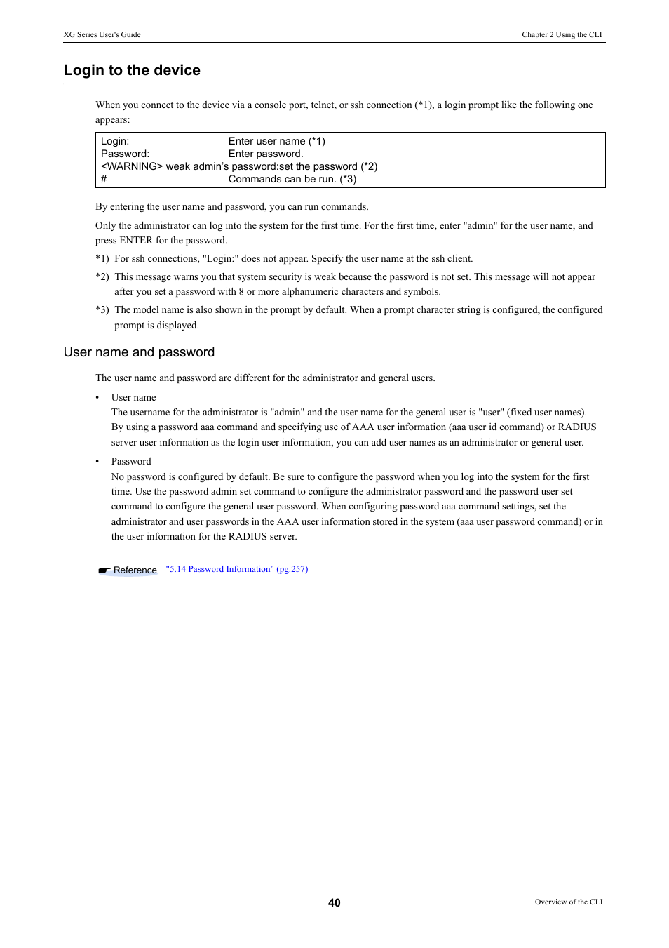 Login to the device, User name and password | FUJITSU XG Series P3NK-4452-01ENZD User Manual | Page 40 / 614