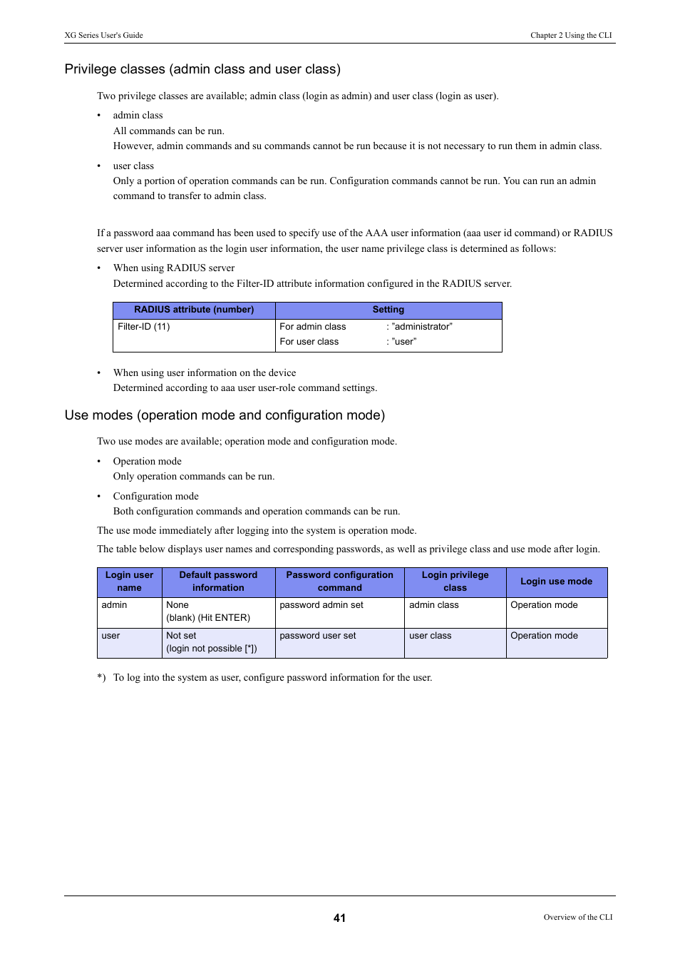 Privilege classes (admin class and user class), Use modes (operation mode and configuration mode) | FUJITSU XG Series P3NK-4452-01ENZD User Manual | Page 41 / 614