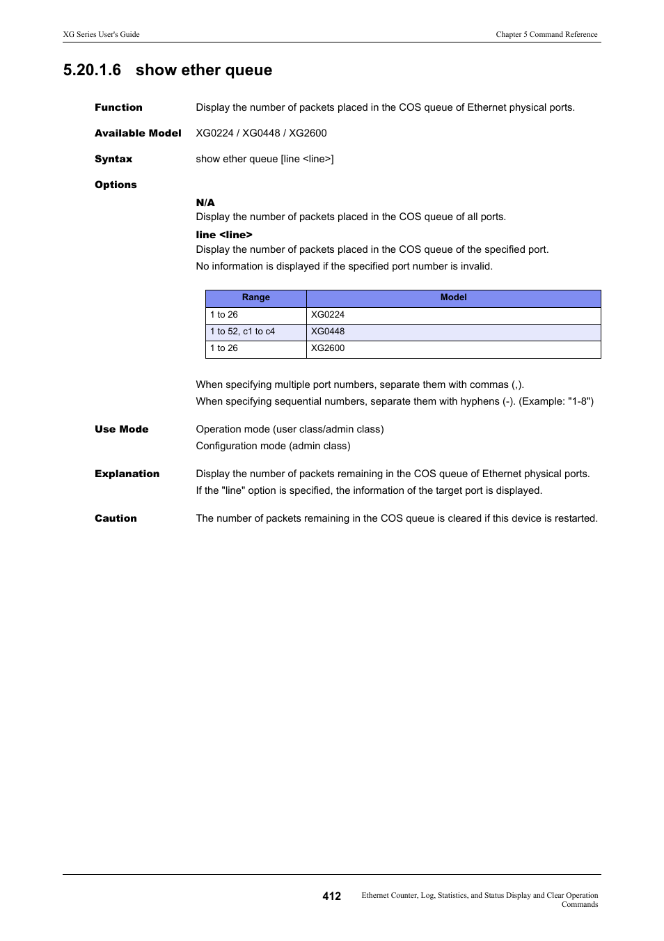 6 show ether queue | FUJITSU XG Series P3NK-4452-01ENZD User Manual | Page 412 / 614
