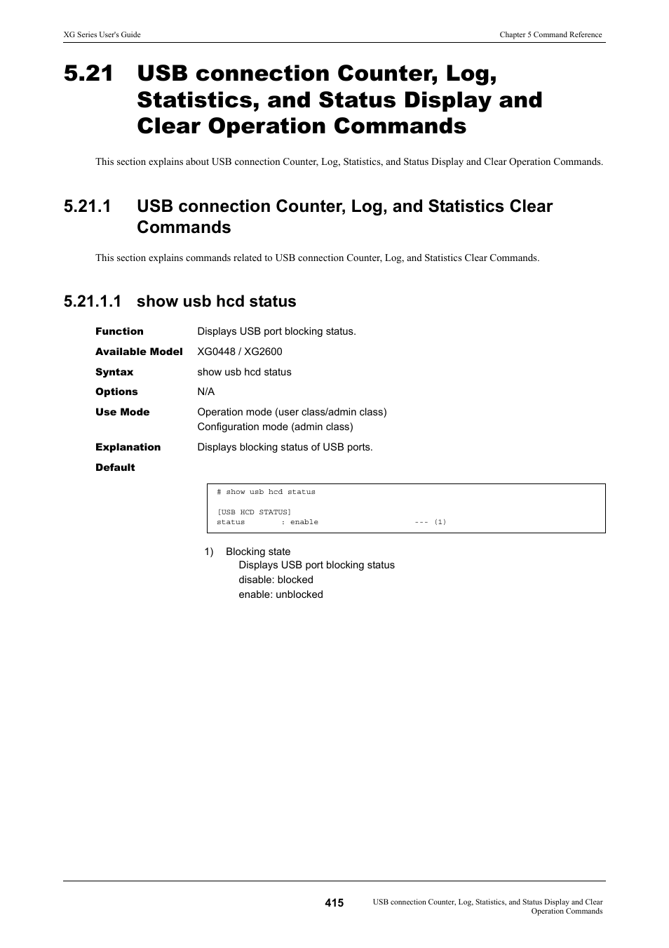 1 show usb hcd status | FUJITSU XG Series P3NK-4452-01ENZD User Manual | Page 415 / 614