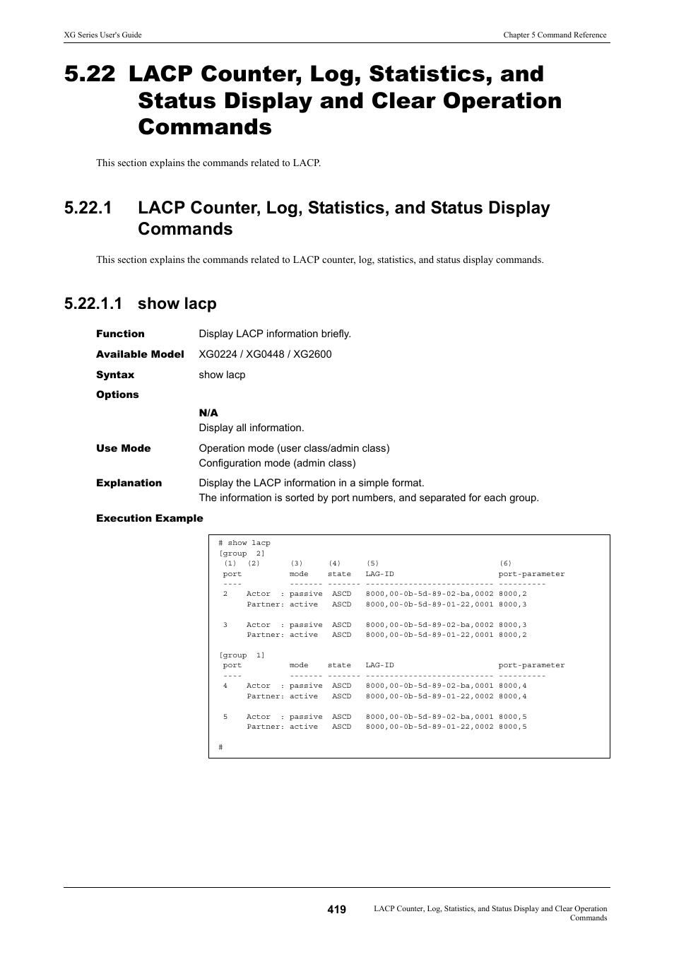 1 show lacp | FUJITSU XG Series P3NK-4452-01ENZD User Manual | Page 419 / 614