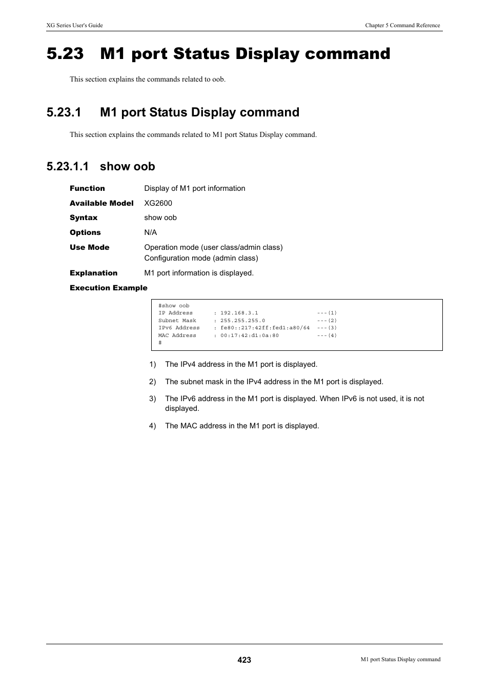 23 m1 port status display command, 1 m1 port status display command, 1 show oob | M1 port status display command 5.23.1.1 show oob | FUJITSU XG Series P3NK-4452-01ENZD User Manual | Page 423 / 614