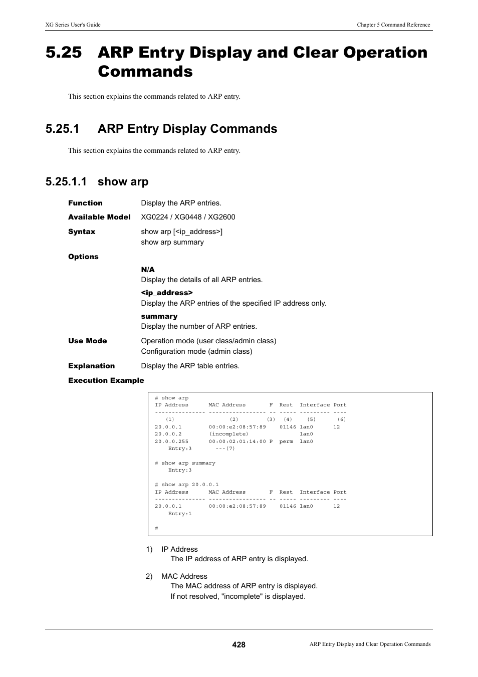 25 arp entry display and clear operation commands, 1 arp entry display commands, 1 show arp | Arp entry display commands 5.25.1.1 show arp | FUJITSU XG Series P3NK-4452-01ENZD User Manual | Page 428 / 614