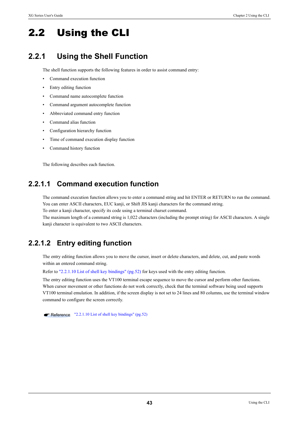 2 using the cli, 1 using the shell function, 1 command execution function | 2 entry editing function, Using the cli, Using the shell function 2.2.1.1, Command execution function, Entry editing function, Using the shell function | FUJITSU XG Series P3NK-4452-01ENZD User Manual | Page 43 / 614