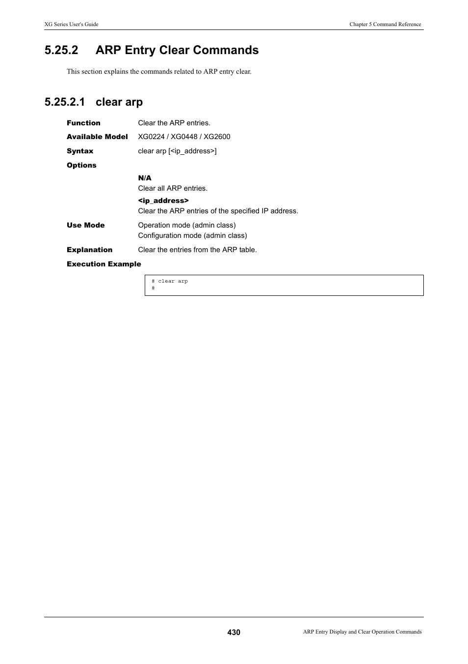 2 arp entry clear commands, 1 clear arp, Arp entry clear commands 5.25.2.1 clear arp | FUJITSU XG Series P3NK-4452-01ENZD User Manual | Page 430 / 614