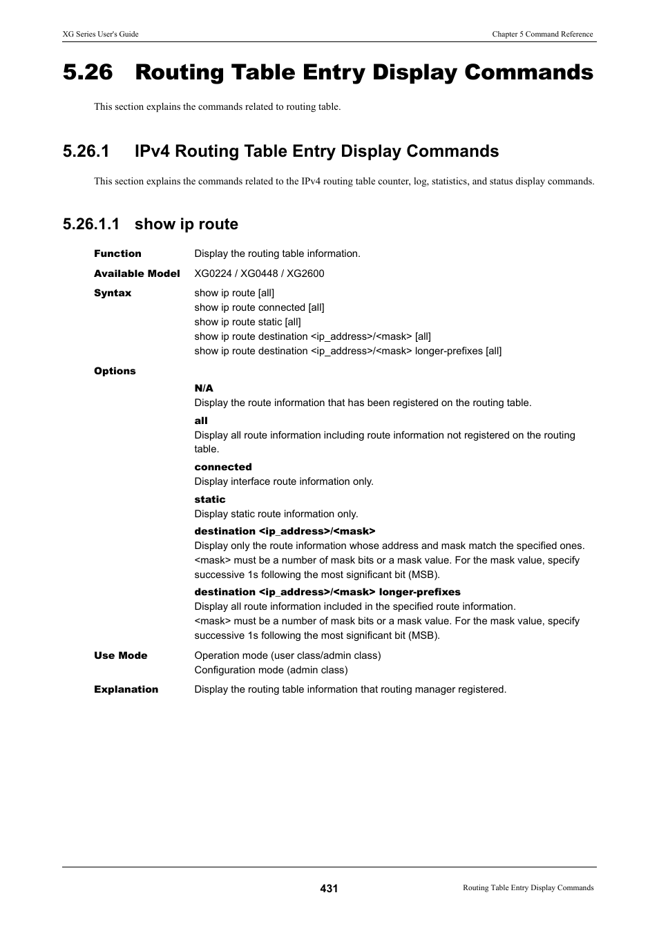 26 routing table entry display commands, 1 ipv4 routing table entry display commands, 1 show ip route | FUJITSU XG Series P3NK-4452-01ENZD User Manual | Page 431 / 614