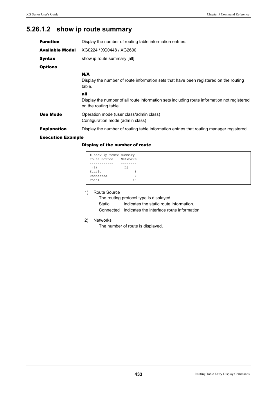 2 show ip route summary | FUJITSU XG Series P3NK-4452-01ENZD User Manual | Page 433 / 614
