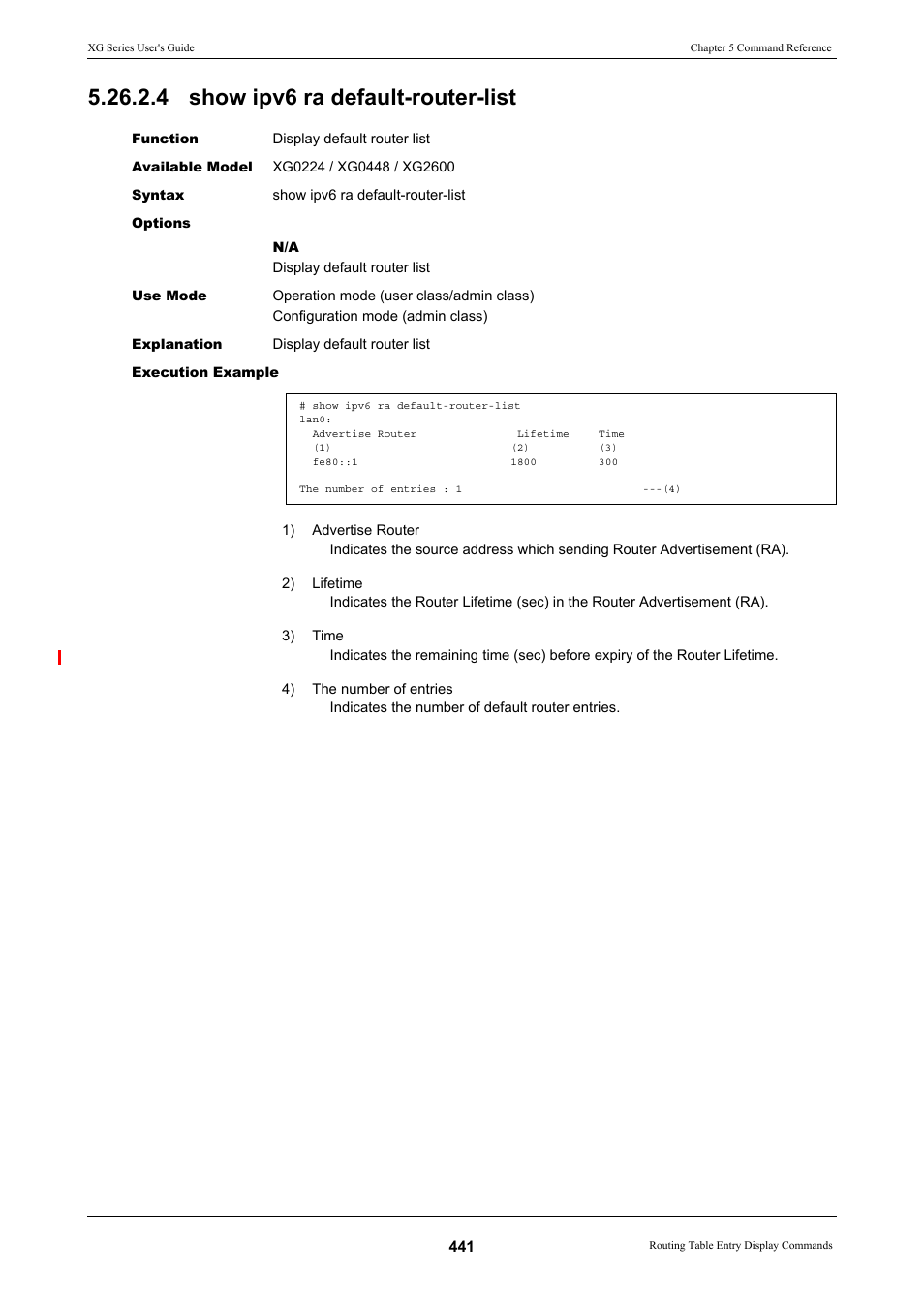 4 show ipv6 ra default-router-list | FUJITSU XG Series P3NK-4452-01ENZD User Manual | Page 441 / 614