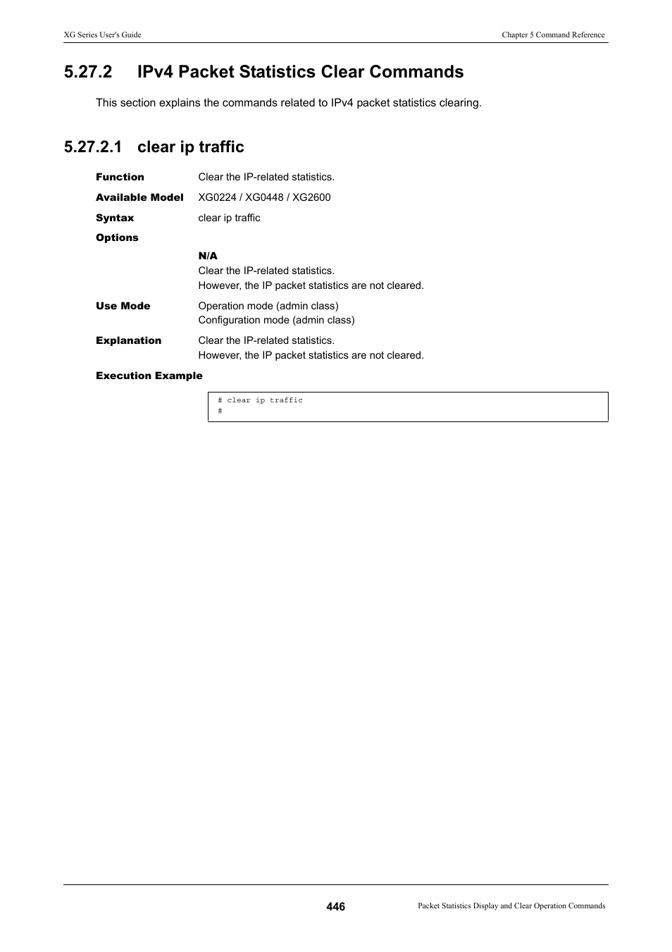 2 ipv4 packet statistics clear commands, 1 clear ip traffic | FUJITSU XG Series P3NK-4452-01ENZD User Manual | Page 446 / 614