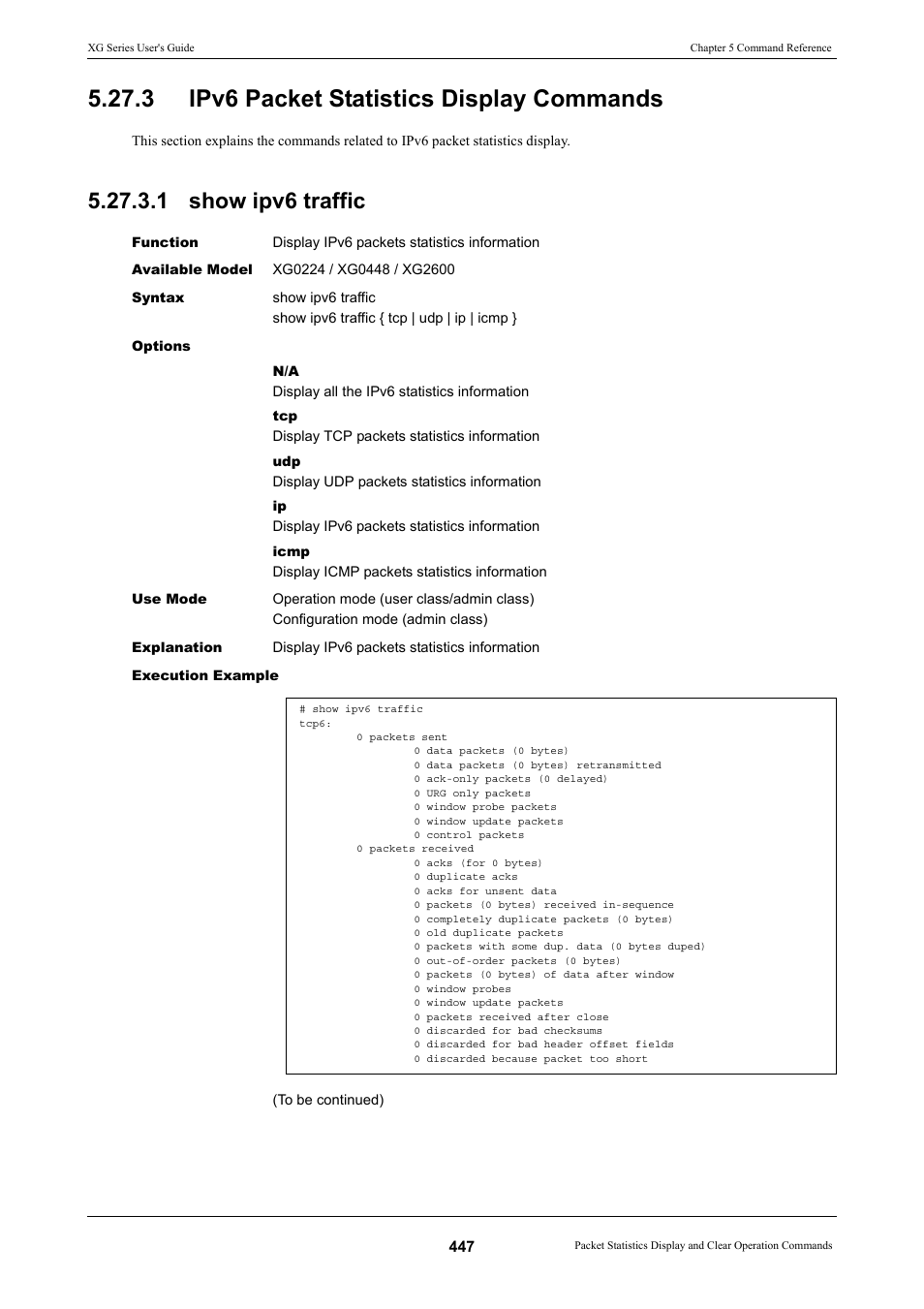 3 ipv6 packet statistics display commands, 1 show ipv6 traffic | FUJITSU XG Series P3NK-4452-01ENZD User Manual | Page 447 / 614