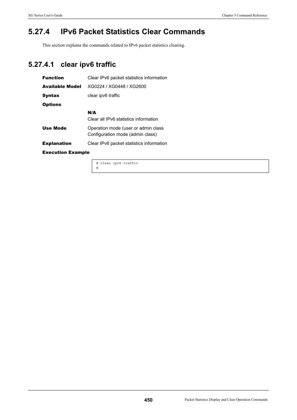 4 ipv6 packet statistics clear commands, 1 clear ipv6 traffic | FUJITSU XG Series P3NK-4452-01ENZD User Manual | Page 450 / 614