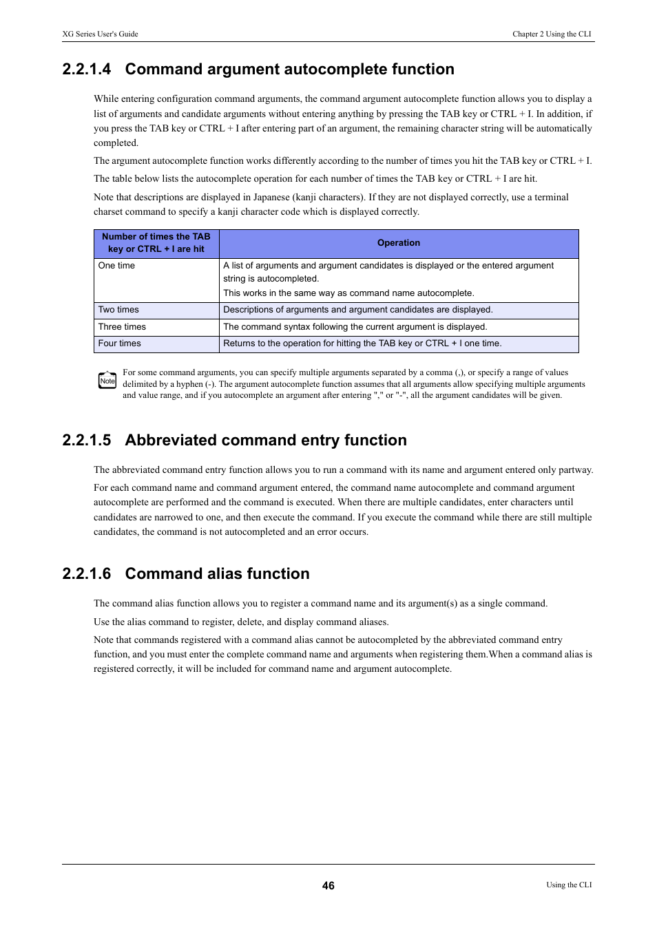 4 command argument autocomplete function, 5 abbreviated command entry function, 6 command alias function | Command argument autocomplete function, Abbreviated command entry function, Command alias function | FUJITSU XG Series P3NK-4452-01ENZD User Manual | Page 46 / 614
