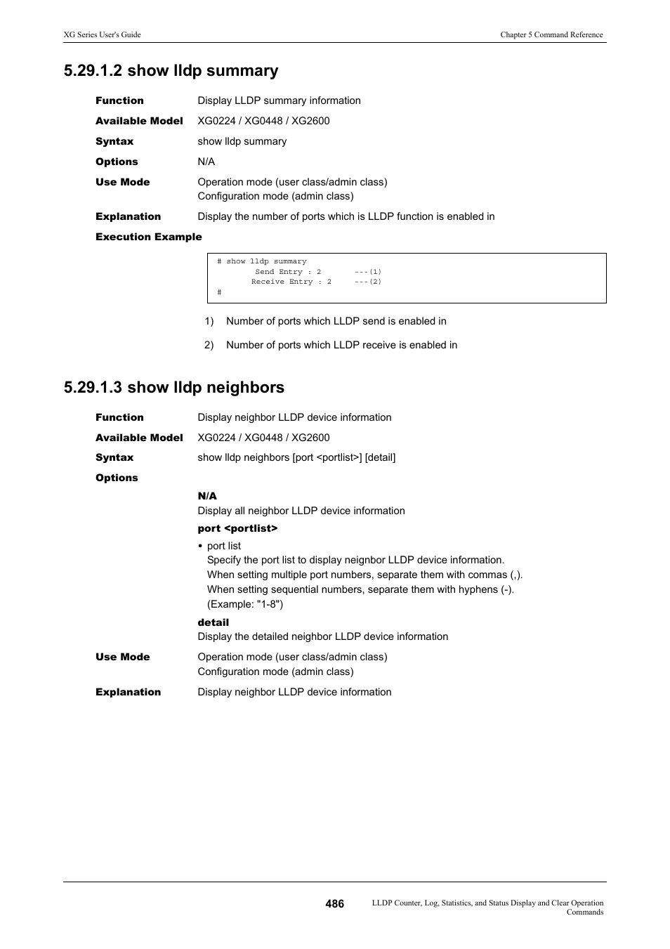 2 show lldp summary, 3 show lldp neighbors, 2 show lldp summary 5.29.1.3 show lldp neighbors | FUJITSU XG Series P3NK-4452-01ENZD User Manual | Page 486 / 614