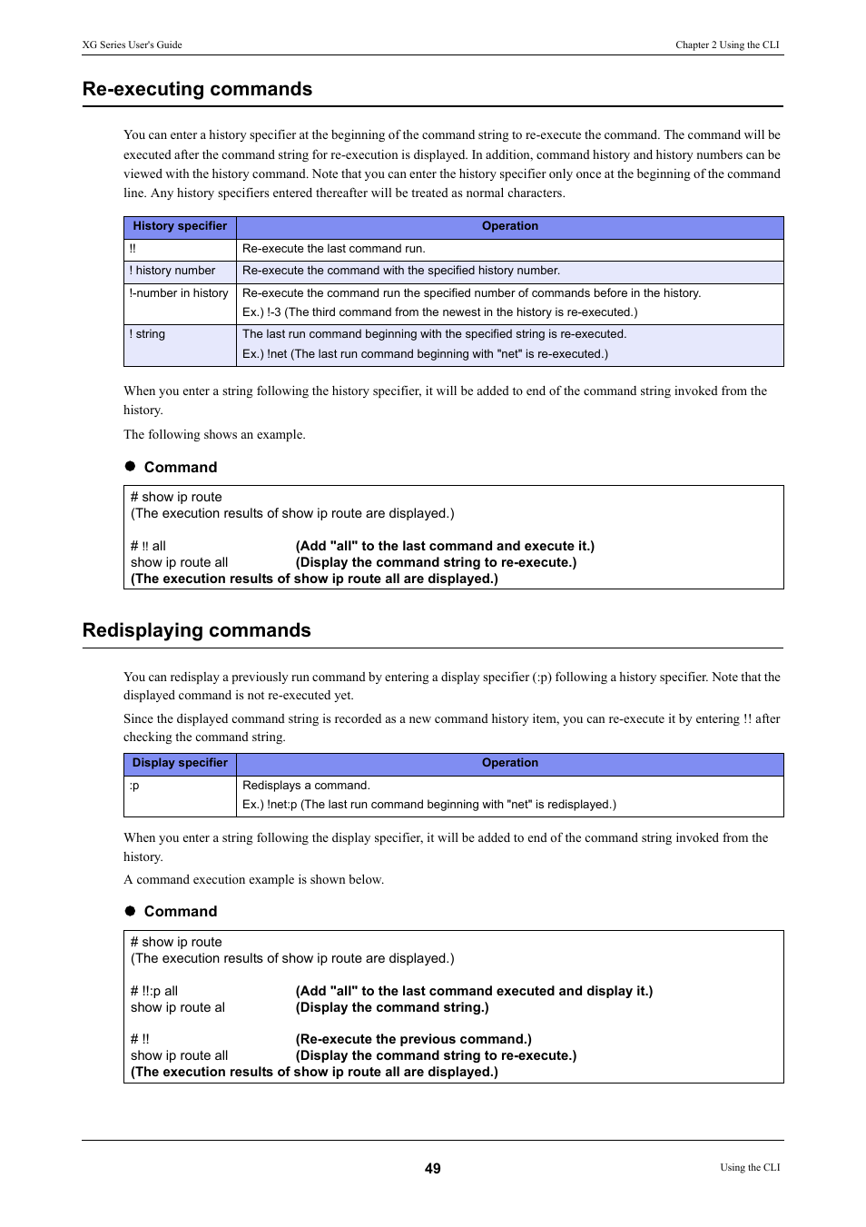 Re-executing commands, Redisplaying commands | FUJITSU XG Series P3NK-4452-01ENZD User Manual | Page 49 / 614