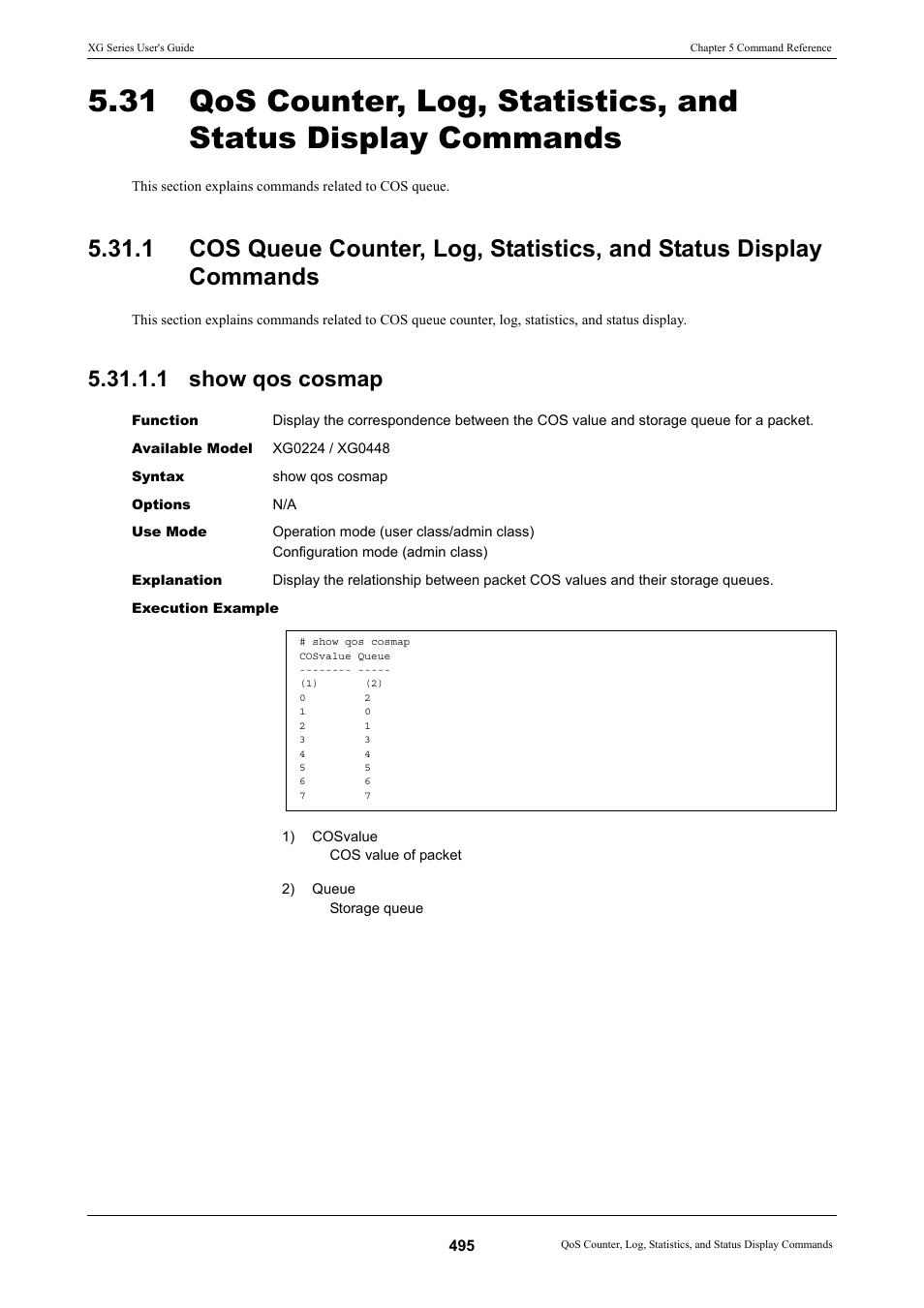 1 show qos cosmap | FUJITSU XG Series P3NK-4452-01ENZD User Manual | Page 495 / 614