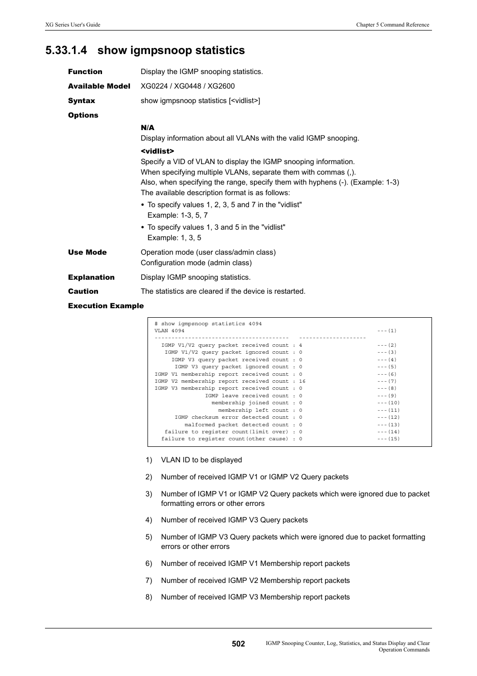 4 show igmpsnoop statistics | FUJITSU XG Series P3NK-4452-01ENZD User Manual | Page 502 / 614