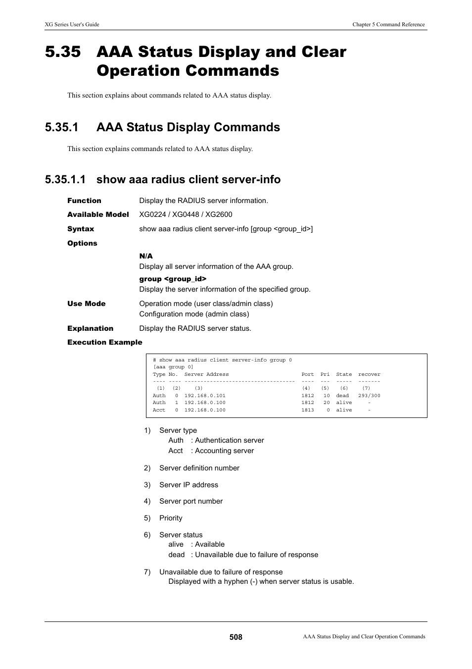 35 aaa status display and clear operation commands, 1 aaa status display commands, 1 show aaa radius client server-info | FUJITSU XG Series P3NK-4452-01ENZD User Manual | Page 508 / 614