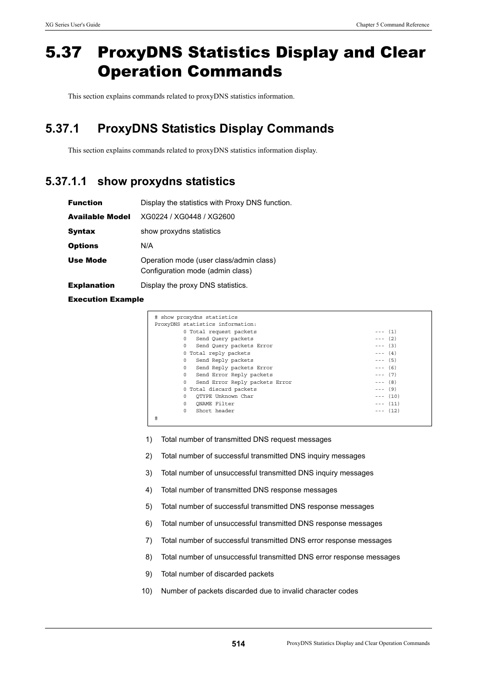 1 proxydns statistics display commands, 1 show proxydns statistics | FUJITSU XG Series P3NK-4452-01ENZD User Manual | Page 514 / 614