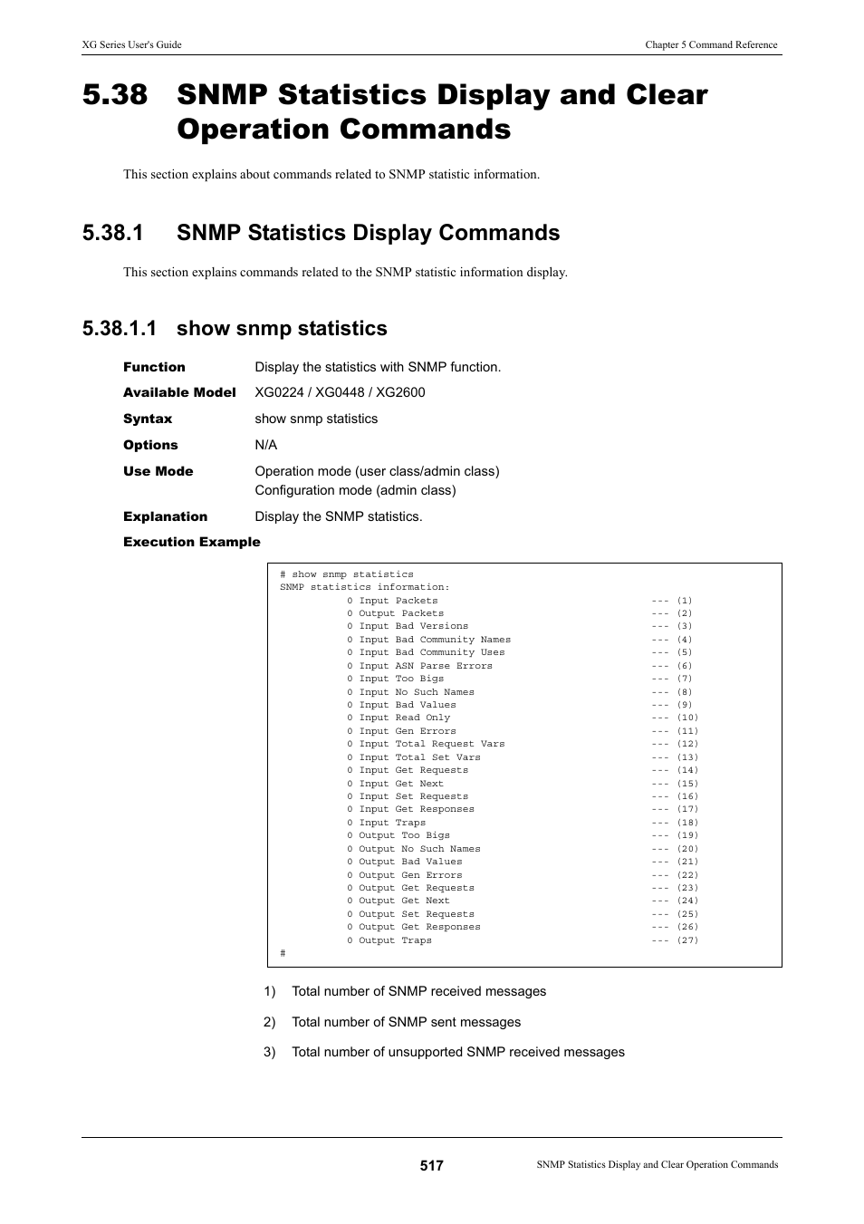 1 snmp statistics display commands, 1 show snmp statistics | FUJITSU XG Series P3NK-4452-01ENZD User Manual | Page 517 / 614