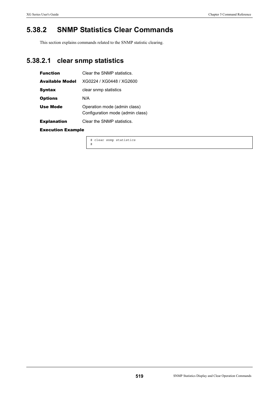 2 snmp statistics clear commands, 1 clear snmp statistics | FUJITSU XG Series P3NK-4452-01ENZD User Manual | Page 519 / 614