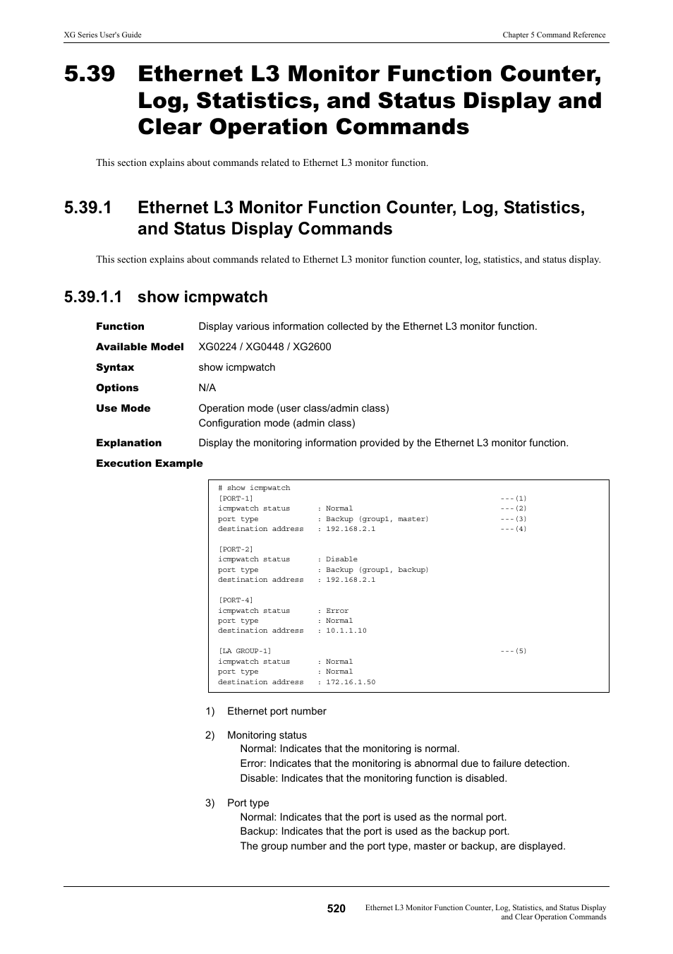 1 show icmpwatch, And status display and clear operation commands | FUJITSU XG Series P3NK-4452-01ENZD User Manual | Page 520 / 614