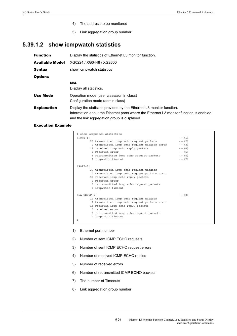 2 show icmpwatch statistics | FUJITSU XG Series P3NK-4452-01ENZD User Manual | Page 521 / 614