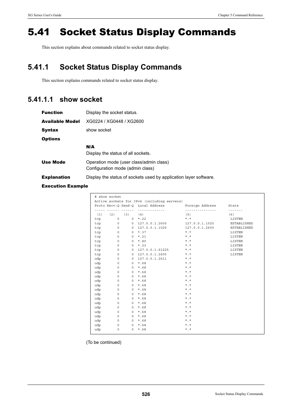 41 socket status display commands, 1 socket status display commands, 1 show socket | FUJITSU XG Series P3NK-4452-01ENZD User Manual | Page 526 / 614