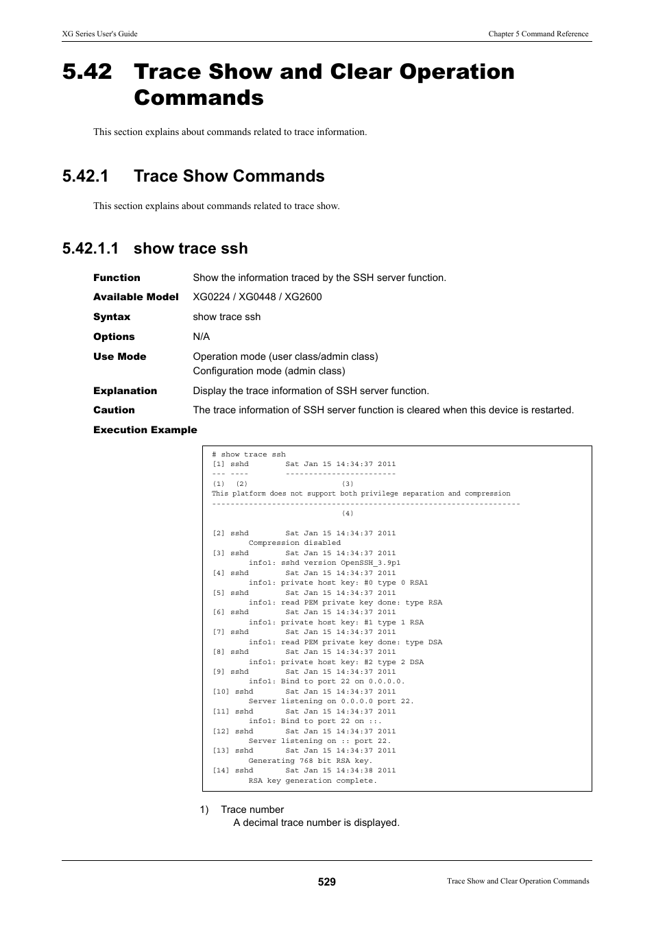 42 trace show and clear operation commands, 1 trace show commands, 1 show trace ssh | Trace show commands 5.42.1.1 show trace ssh | FUJITSU XG Series P3NK-4452-01ENZD User Manual | Page 529 / 614