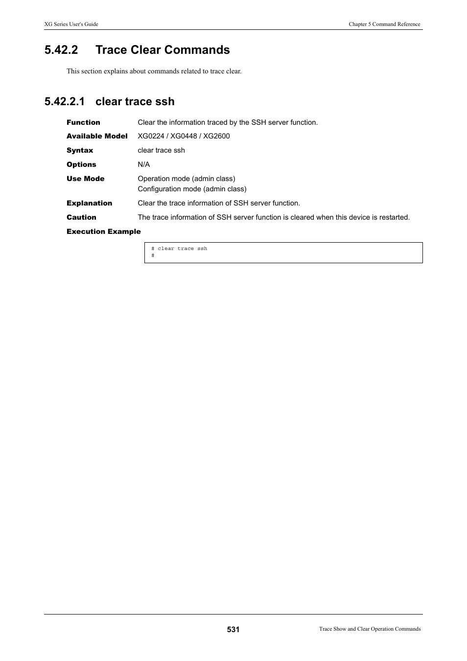2 trace clear commands, 1 clear trace ssh, Trace clear commands 5.42.2.1 clear trace ssh | FUJITSU XG Series P3NK-4452-01ENZD User Manual | Page 531 / 614