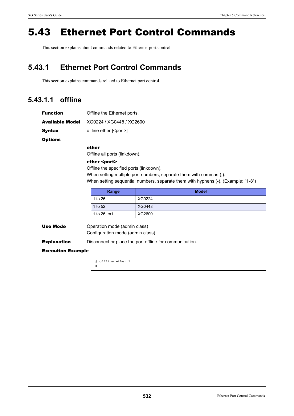 43 ethernet port control commands, 1 ethernet port control commands, 1 offline | Ethernet port control commands 5.43.1.1 offline, Offline | FUJITSU XG Series P3NK-4452-01ENZD User Manual | Page 532 / 614