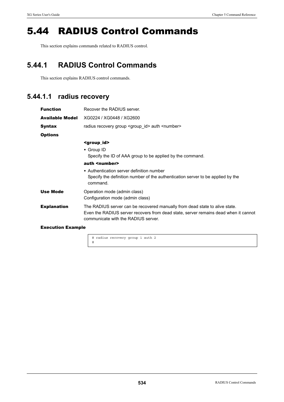 44 radius control commands, 1 radius control commands, 1 radius recovery | Radius control commands 5.44.1.1 radius recovery, Radius recovery | FUJITSU XG Series P3NK-4452-01ENZD User Manual | Page 534 / 614