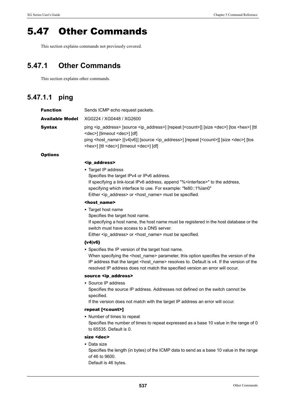 47 other commands, 1 other commands, 1 ping | Other commands 5.47.1.1 ping | FUJITSU XG Series P3NK-4452-01ENZD User Manual | Page 537 / 614