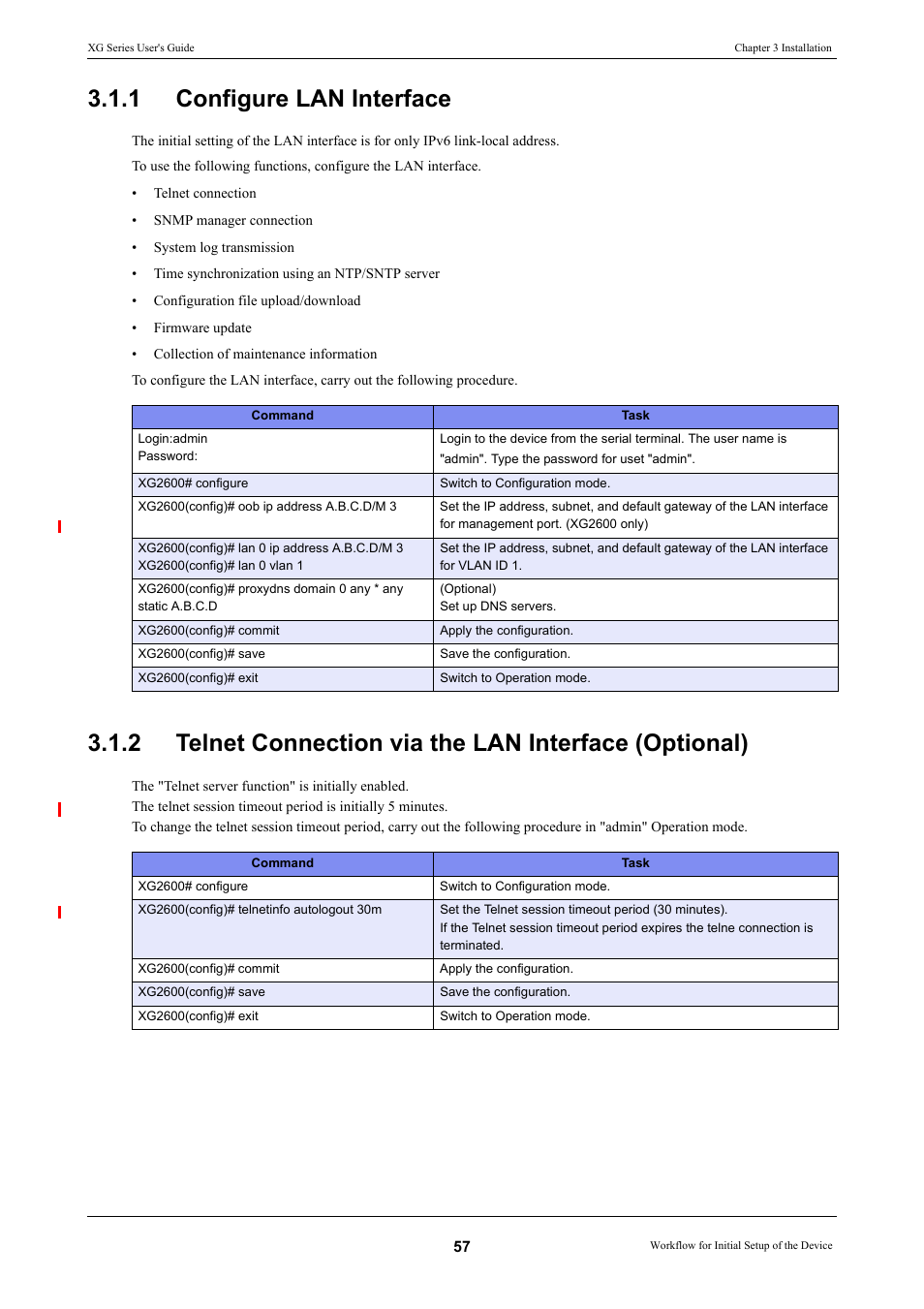 1 configure lan interface, Configure lan interface, Telnet connection via the lan interface (optional) | FUJITSU XG Series P3NK-4452-01ENZD User Manual | Page 57 / 614