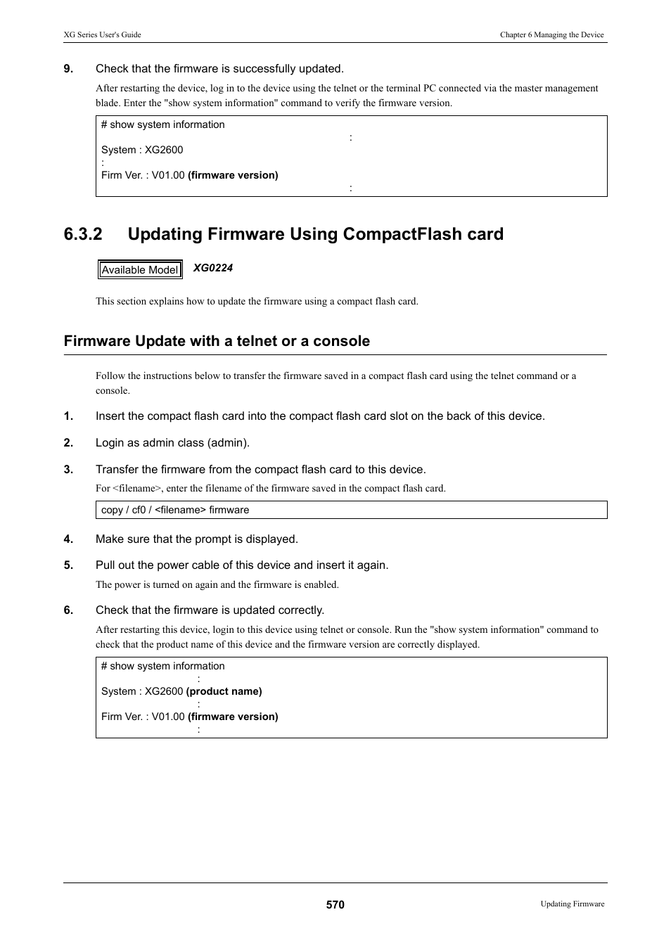 2 updating firmware using compactflash card, Updating firmware using compactflash card, Firmware update with a telnet or a console | FUJITSU XG Series P3NK-4452-01ENZD User Manual | Page 570 / 614