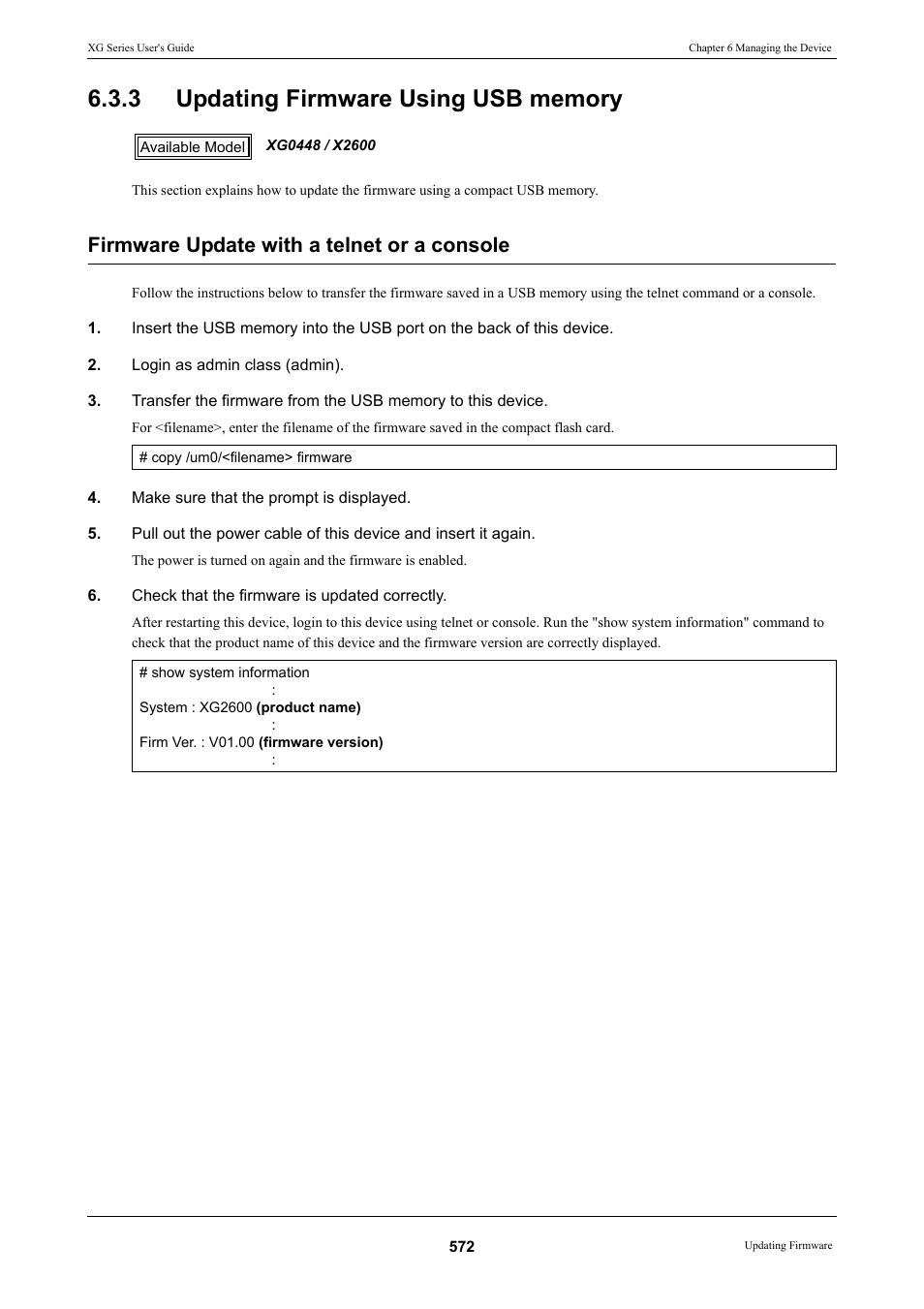 3 updating firmware using usb memory, Updating firmware using usb memory, Firmware update with a telnet or a console | FUJITSU XG Series P3NK-4452-01ENZD User Manual | Page 572 / 614