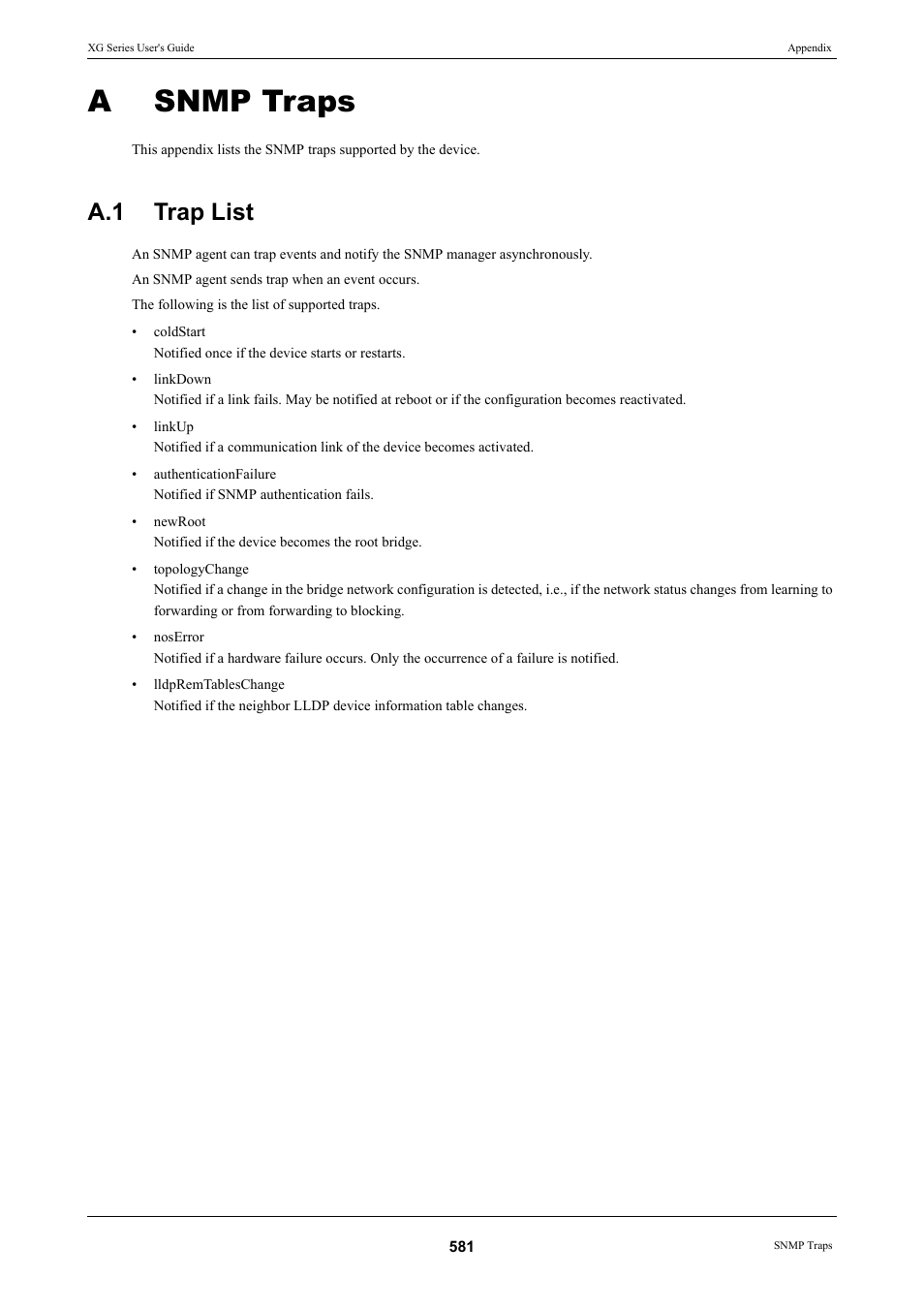 A snmp traps, A.1 trap list, Appendix a | Snmp traps, Trap list, Appendix a snmp traps, Snmp traps a.1, Asnmp traps | FUJITSU XG Series P3NK-4452-01ENZD User Manual | Page 581 / 614