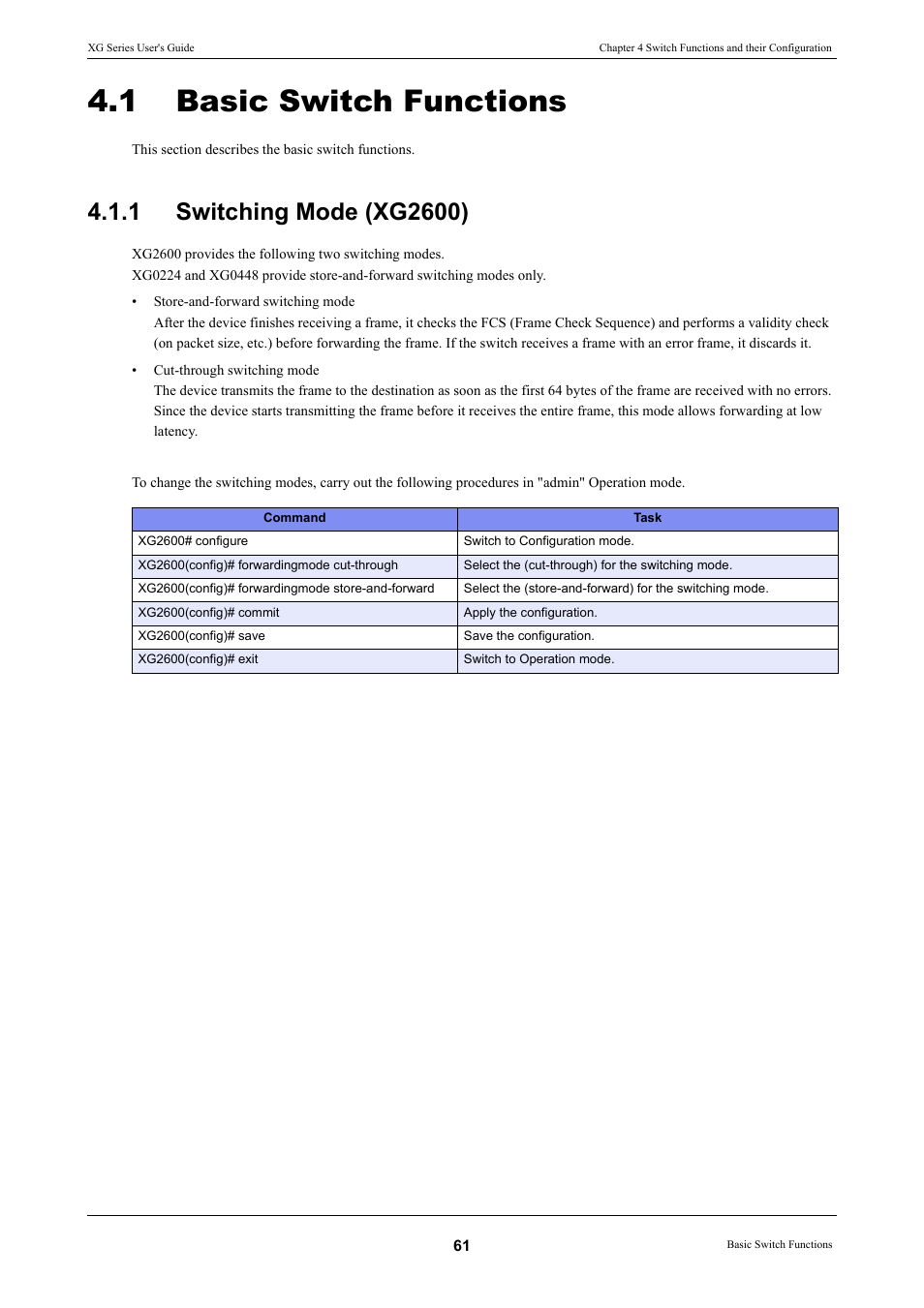 1 basic switch functions, 1 switching mode (xg2600), Basic switch functions | Switching mode (xg2600) | FUJITSU XG Series P3NK-4452-01ENZD User Manual | Page 61 / 614