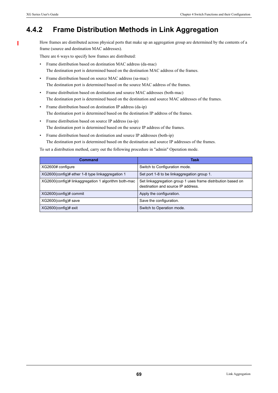 2 frame distribution methods in link aggregation, Frame distribution methods in link aggregation | FUJITSU XG Series P3NK-4452-01ENZD User Manual | Page 69 / 614