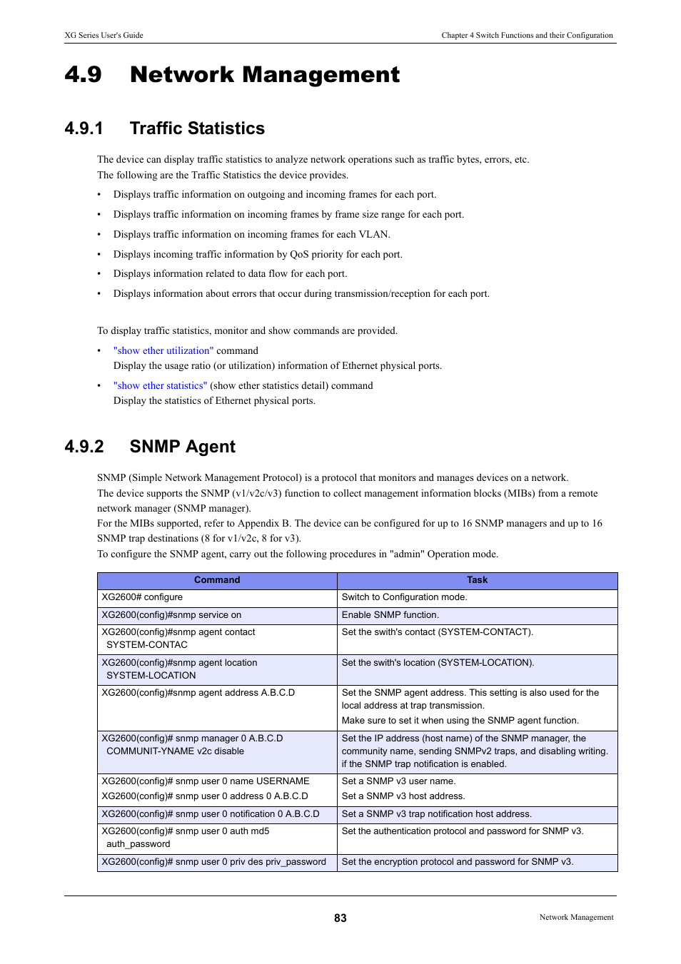 9 network management, 1 traffic statistics, 2 snmp agent | Network management, Traffic statistics, Snmp agent | FUJITSU XG Series P3NK-4452-01ENZD User Manual | Page 83 / 614