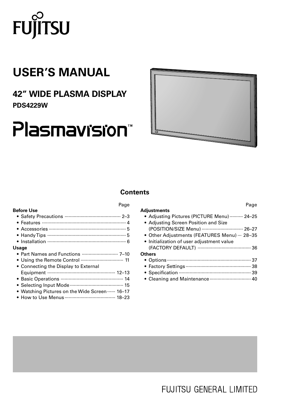FUJITSU PLASMAVISION PDS4229W User Manual | 42 pages