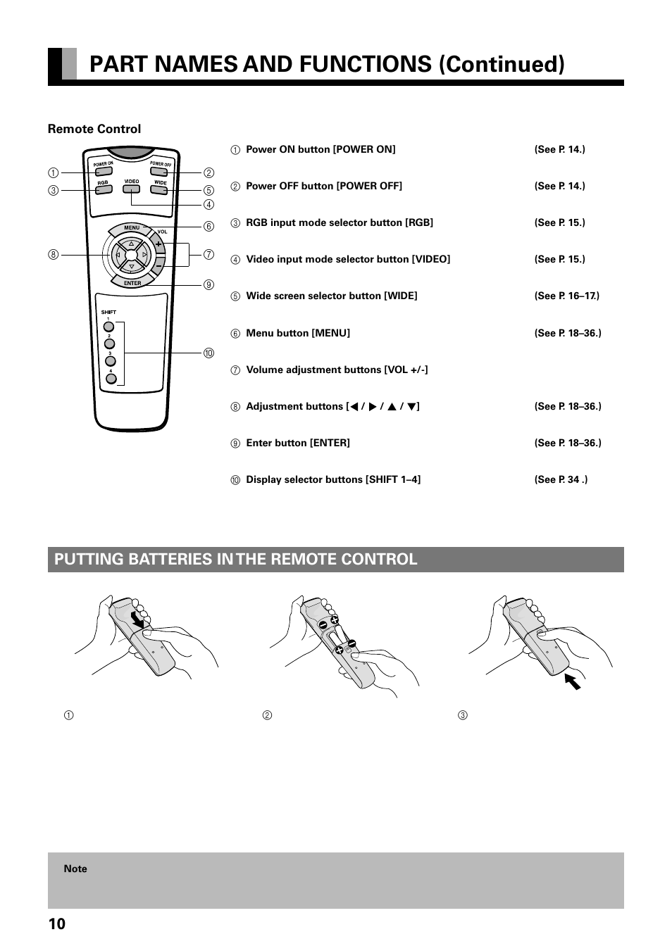 Part names and functions (continued), Putting batteries in the remote control | FUJITSU PLASMAVISION PDS4229W User Manual | Page 11 / 42