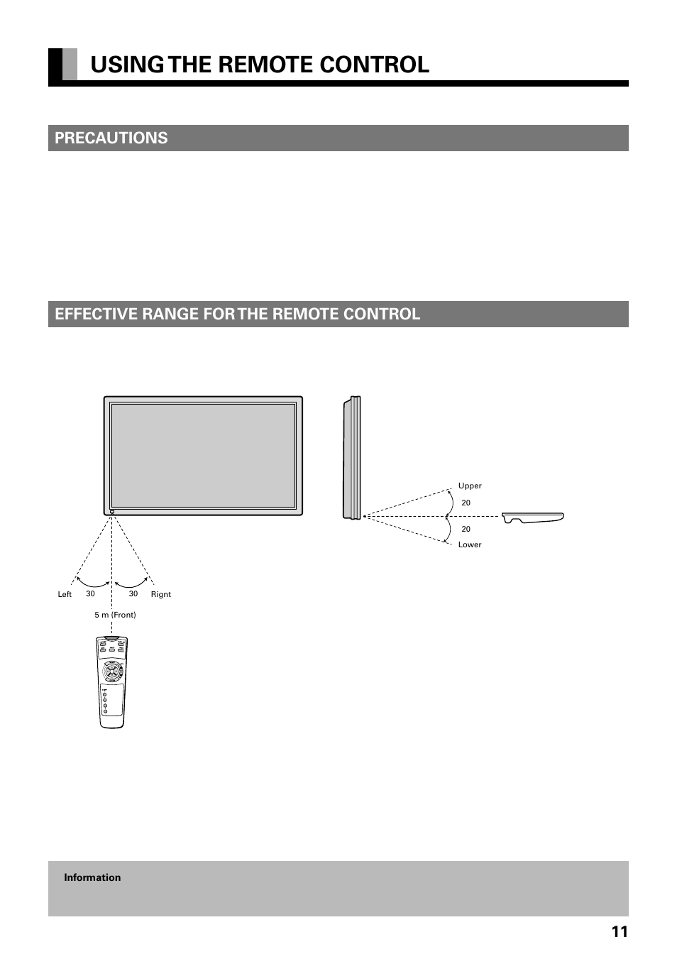 Using the remote control, 11 precautions, Effective range for the remote control | FUJITSU PLASMAVISION PDS4229W User Manual | Page 12 / 42
