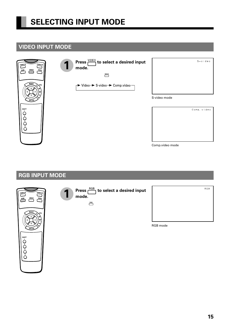 Selecting input mode, Video input mode rgb input mode | FUJITSU PLASMAVISION PDS4229W User Manual | Page 16 / 42