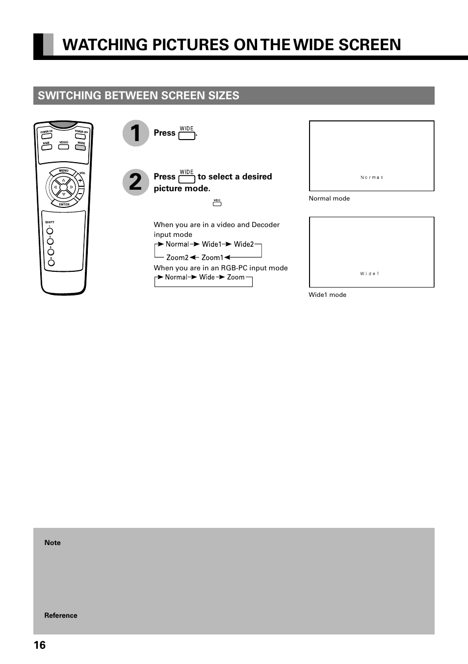 Watching pictures on the wide screen, Switching between screen sizes | FUJITSU PLASMAVISION PDS4229W User Manual | Page 17 / 42