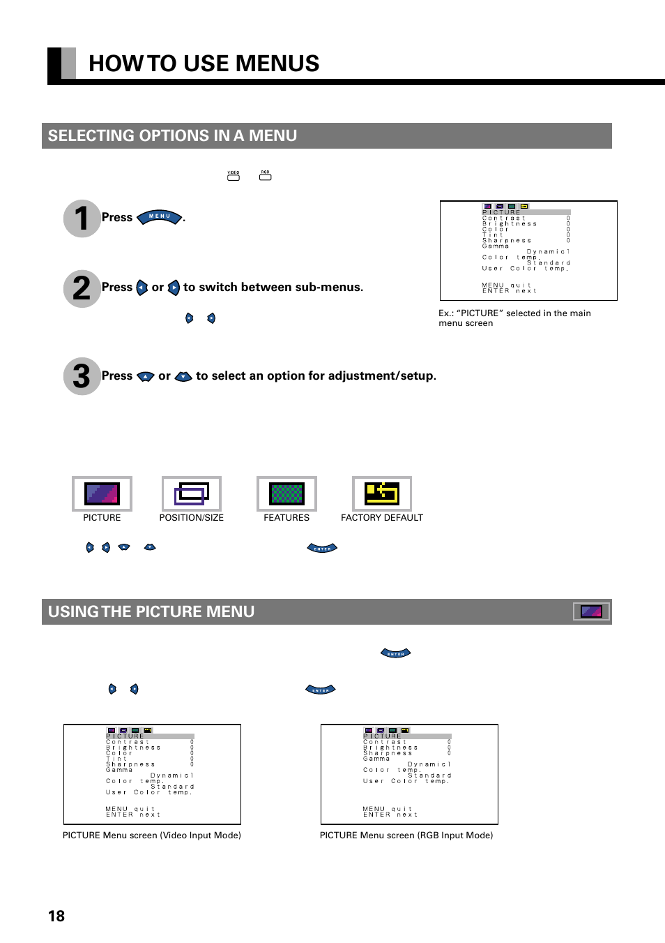 How to use menus, Selecting options in a menu, Using the picture menu | FUJITSU PLASMAVISION PDS4229W User Manual | Page 19 / 42