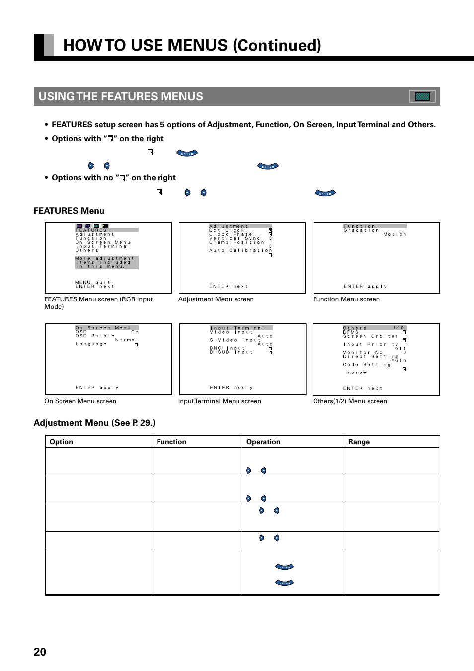 How to use menus (continued), 20 using the features menus | FUJITSU PLASMAVISION PDS4229W User Manual | Page 21 / 42